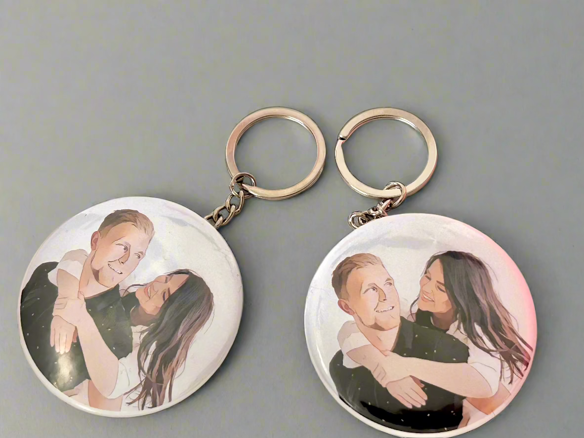 Personalized Cartoon Portrait Button Keychain Set of 2