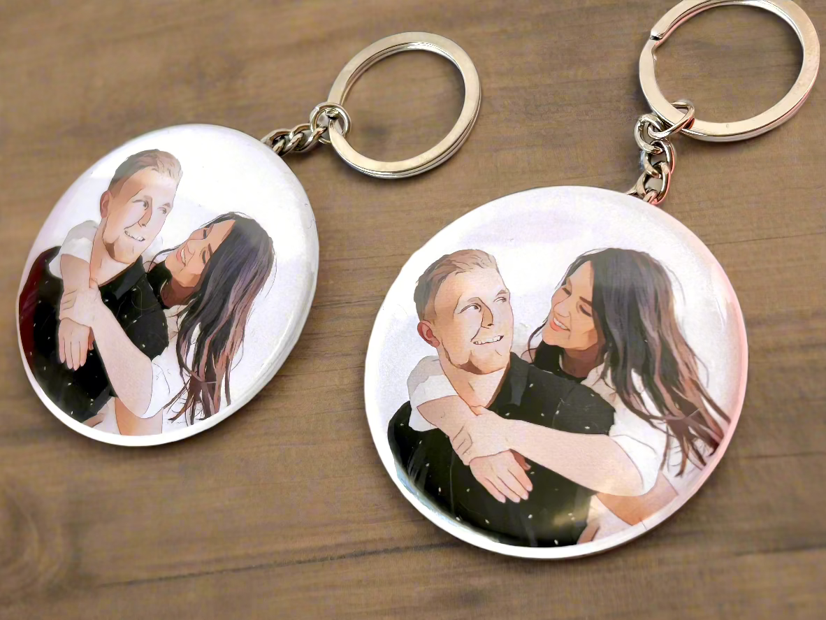 Personalized Cartoon Portrait Button Keychain Set of 2