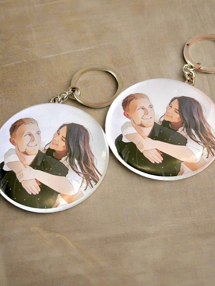 Personalized Cartoon Portrait Button Keychain Set of 2