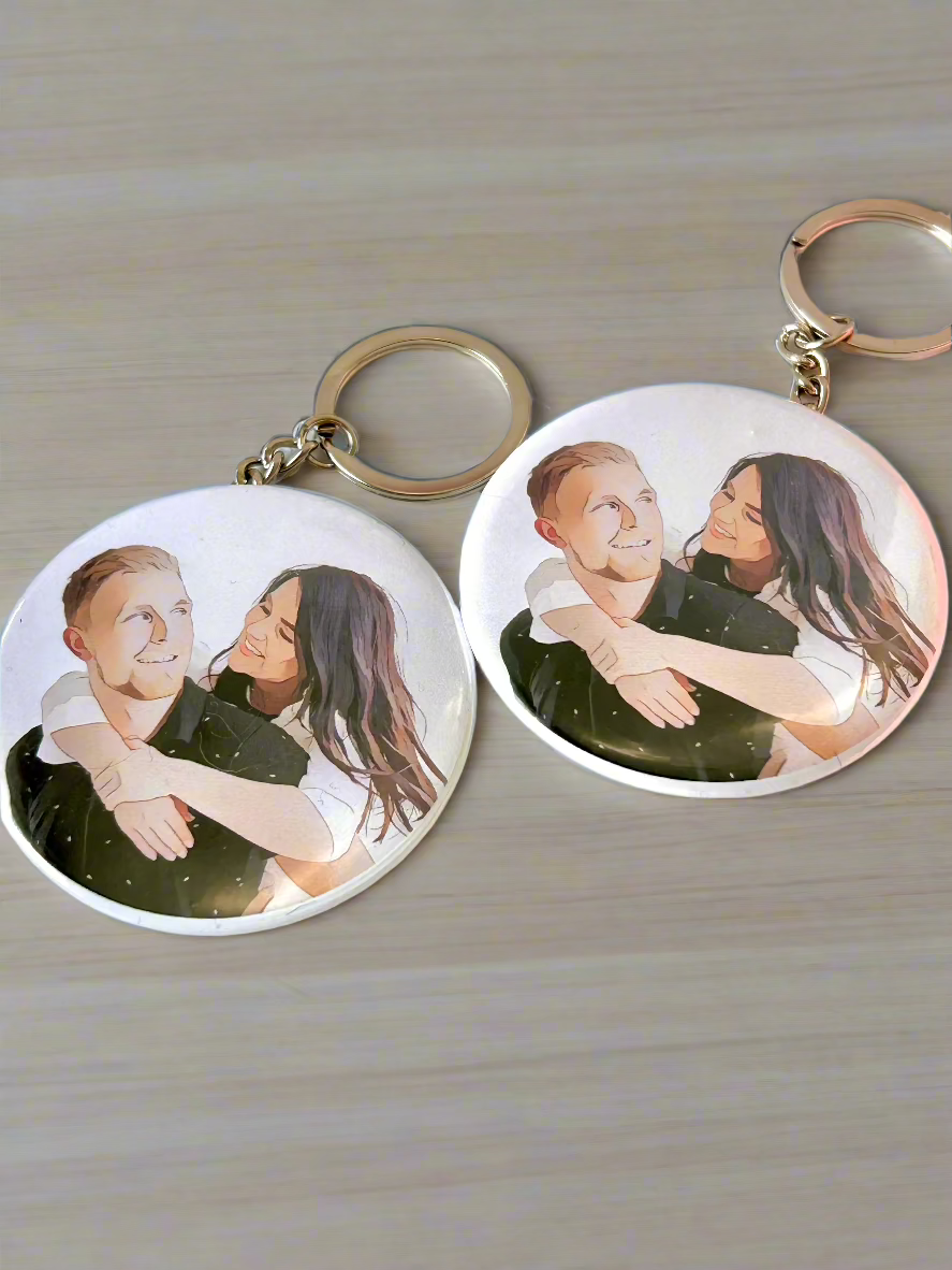 Personalized Cartoon Portrait Button Keychain Set of 2