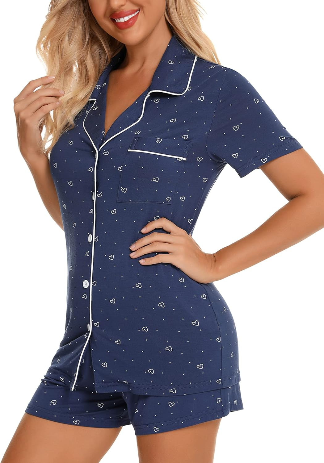 Womens Pajamas Set Short Sleeve Sleepwear Button down Nightwear Shorts Soft Pj Sets S-XXL